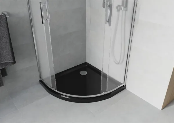 MEXEN/S - Rio štvrťkruhový sprchovací kút 80 x 80, mráz, chróm + vanička so sifónom Flat, čierny 863-080-080-01-30-4170