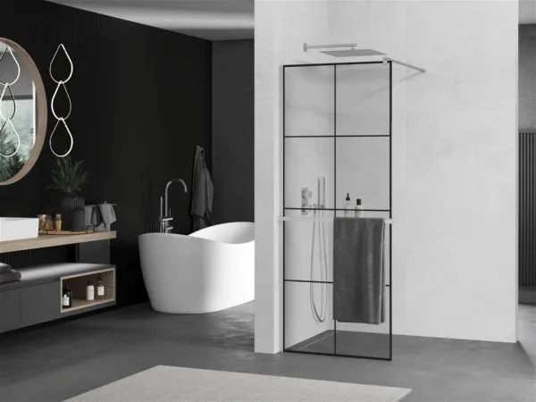 MEXEN/S - KIOTO Sprchová zástena WALK-IN s poličkou a držiakom uterákov 70 x 200, transparent/čierna 8 mm, chróm 800-070-121-01-77