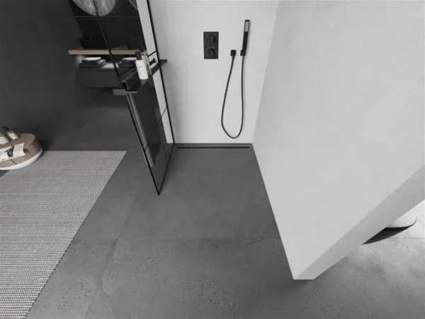 MEXEN/S - KIOTO Sprchová zástena WALK-IN s poličkou a držiakom uterákov 70 x 200, transparent/čierna 8 mm, čierna 800-070-121-70-77