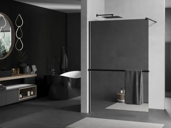 MEXEN/S - KIOTO Sprchová zástena WALK-IN s poličkou a držiakom uterákov 80 x 200, zrkadlové 8 mm, čierna 800-080-121-70-50