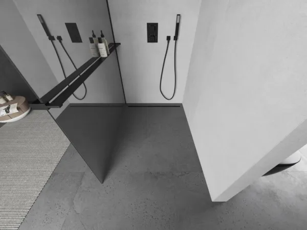MEXEN/S - KIOTO Sprchová zástena WALK-IN s poličkou a držiakom uterákov 80 x 200, zrkadlové 8 mm, čierna 800-080-121-70-50