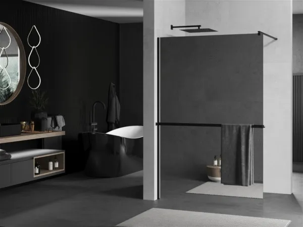 MEXEN/S - KIOTO Sprchová zástena WALK-IN s poličkou a držiakom uterákov 100 x 200, zrkadlové 8 mm, čierna 800-100-121-70-50