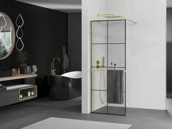 MEXEN/S - KIOTO Sprchová zástena WALK-IN s poličkou a držiakom uterákov 80 x 200, transparent/čierna 8 mm, zlatá 800-080-121-50-77