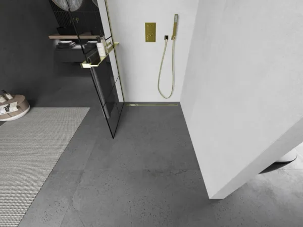 MEXEN/S - KIOTO Sprchová zástena WALK-IN s poličkou a držiakom uterákov 80 x 200, transparent/čierna 8 mm, zlatá 800-080-121-50-77