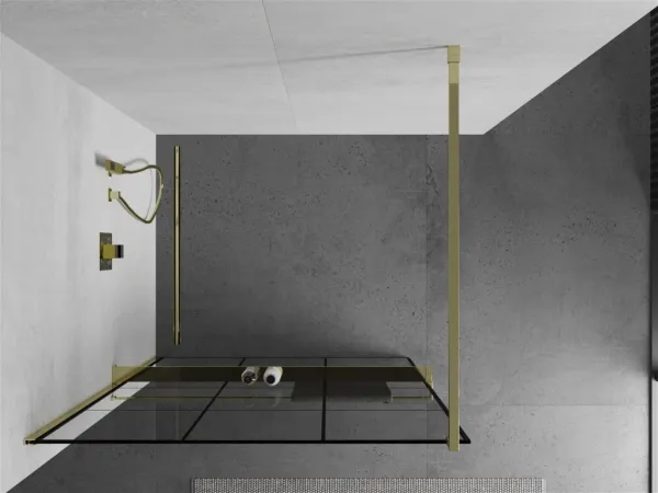 MEXEN/S - KIOTO Sprchová zástena WALK-IN s poličkou a držiakom uterákov 110 x 200, transparent/čierna 8 mm, zlatá 800-110-121-50-77