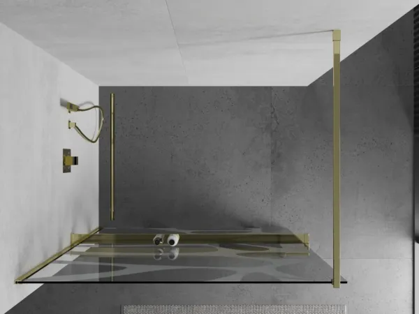 MEXEN/S - KIOTO Sprchová zástena WALK-IN s poličkou a držiakom uterákov 110 x 200, transparent/bialy vzór 8 mm, zlatá 800-110-121-50-97