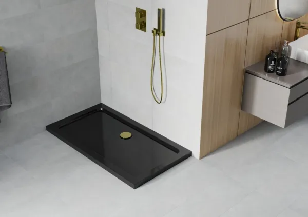 MEXEN/S - Flat sprchová vanička obdĺžniková slim 140 x 70, čierna + zlatý sifón 40707014G