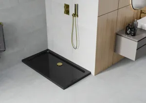 MEXEN/S - Flat sprchová vanička obdĺžniková slim 140 x 70, čierna + zlatý sifón 40707014G