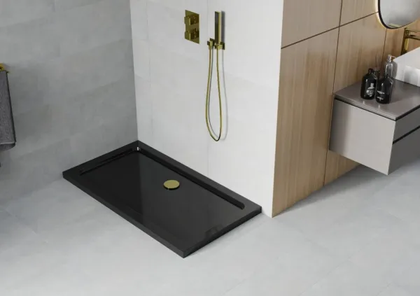 MEXEN/S - Flat sprchová vanička obdĺžniková slim 130 x 70, čierna + zlatý sifón 40707013G