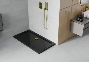 MEXEN/S - Flat sprchová vanička obdĺžniková slim 130 x 70, čierna + zlatý sifón 40707013G