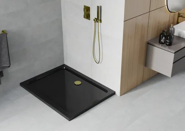 MEXEN/S - Flat sprchová vanička obdĺžniková slim 80 x 70, čierna + zlatý sifón 40707080G