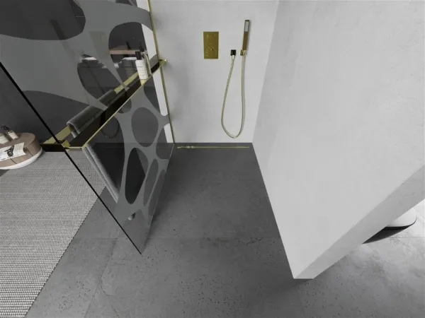 MEXEN/S - KIOTO Sprchová zástena WALK-IN s poličkou a držiakom uterákov 70 x 200, transparent/bialy vzór 8 mm, zlatá 800-070-121-50-97