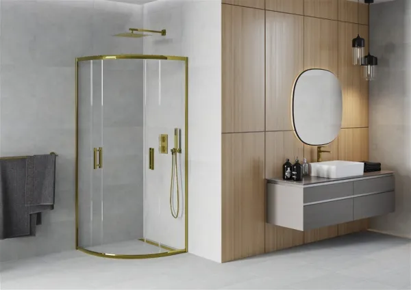 MEXEN - Rio sprchovací kút štvrťkruh 90 x 90, transparent, zlatá 863-090-090-50-00