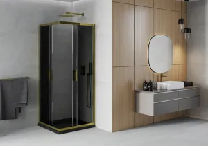 MEXEN/S - Rio sprchovací kút štvorec 90x90, grafit, zlatá + čierna vanička so sifónom 860-090-090-50-40-4070G