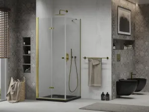 MEXEN/S - Lima sprchovací kút zalamovacie dvere 80 x 80, transparent, zlatý + Flat čierna vanička so sifónom 856-080-080-50-00-4070G