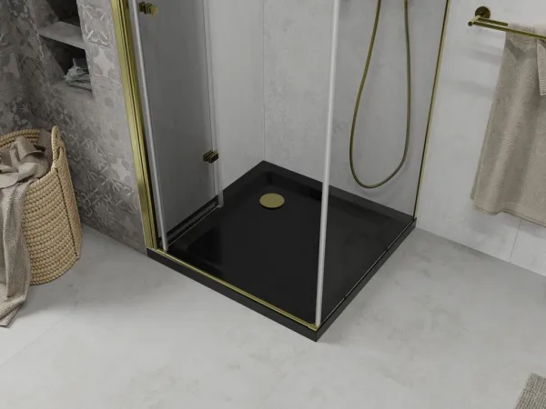 MEXEN/S - Lima sprchovací kút zalamovacie dvere 80 x 80, transparent, zlatý + Flat čierna vanička so sifónom 856-080-080-50-00-4070G