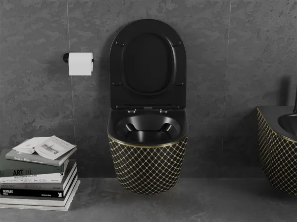 MEXEN - Lena Závesná WC misa vrátane sedátka s slow-slim, duroplast, čierna/zlatá vzor 30224079