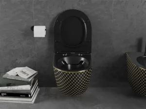 MEXEN - Lena Závesná WC misa vrátane sedátka s slow-slim, duroplast, čierna/zlatá vzor 30224079