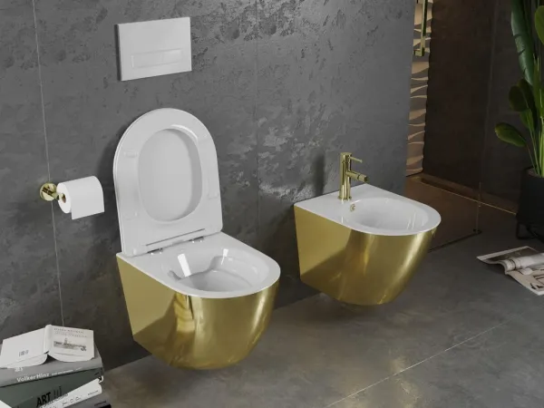 MEXEN - Lena Závesná WC misa vrátane sedátka s slow-slim, duroplast, biela/zlatá 30224006