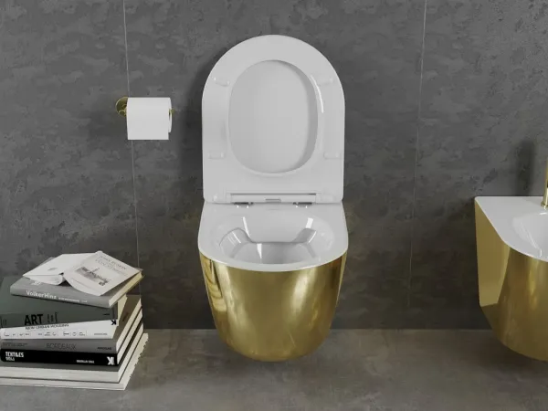 MEXEN - Lena Závesná WC misa vrátane sedátka s slow-slim, duroplast, biela/zlatá 30224006