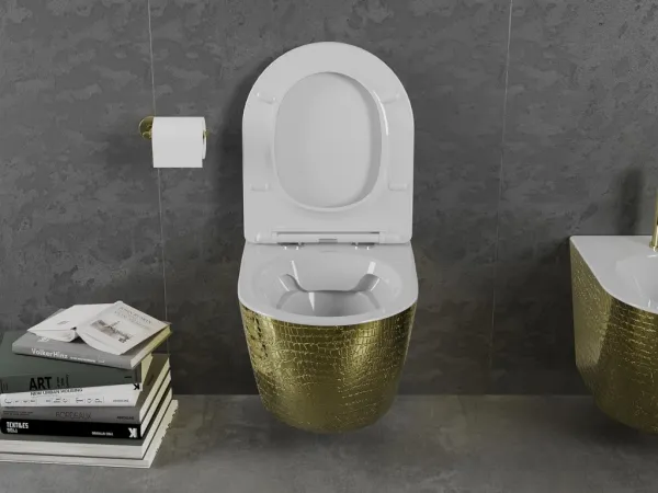 MEXEN - Lena Závesná WC misa vrátane sedátka s slow-slim, duroplast, biela/zlatá so vzorom 30224008