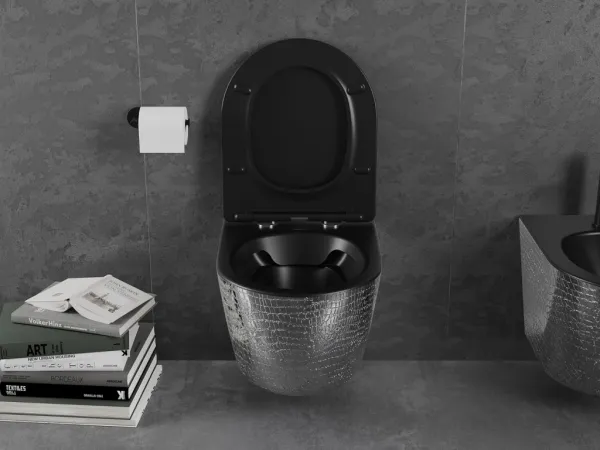 MEXEN - Lena Závesná WC misa vrátane sedátka s slow-slim, duroplast, čierna mat / strieborný vzor 30224072