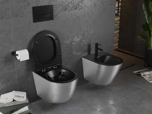 MEXEN - Lena Závesná WC misa vrátane sedátka s slow-slim, duroplast, čierna mat / strieborný vzor 30224073