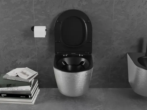 MEXEN - Lena Závesná WC misa vrátane sedátka s slow-slim, duroplast, čierna mat / strieborný vzor 30224073