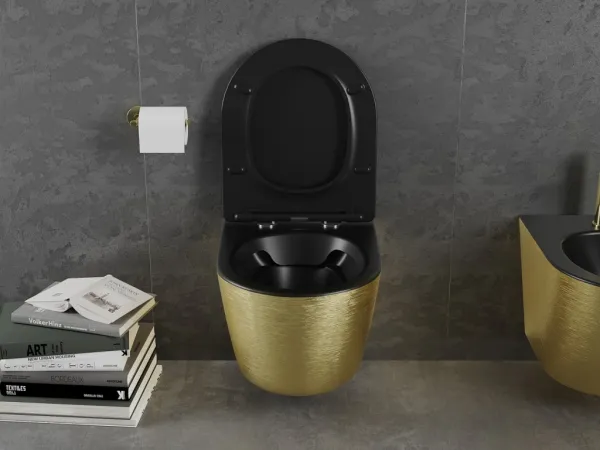 MEXEN - Lena Závesná WC misa vrátane sedátka s slow-slim, duroplast, čierna mat / zlatý vzor 30224077