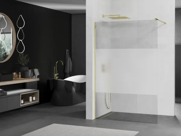 MEXEN/S - KIOTO Sprchová zástena WALK-IN 110x200 cm 8 mm, zlatá, Transparent/matné sklo 800-110-101-50-35