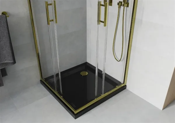 MEXEN/S - Rio sprchovací kút 70x70, transparent, zlato + vanička Flat, čierna 860-070-070-50-00-4070G
