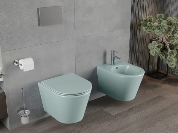 MEXEN - Rico Závesná WC misa Rimless vrátane sedátka s slow, Duroplast, svetlo zelená mat 30724048