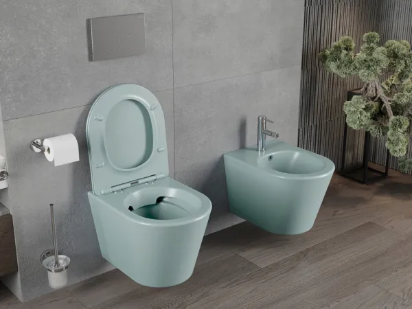 MEXEN - Rico Závesná WC misa Rimless vrátane sedátka s slow, Duroplast, svetlo zelená mat 30724048