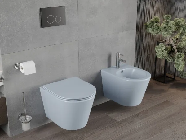 MEXEN - Rico Závesná WC misa Rimless vrátane sedátka s slow, Duroplast, šedomodrá mat 30724069