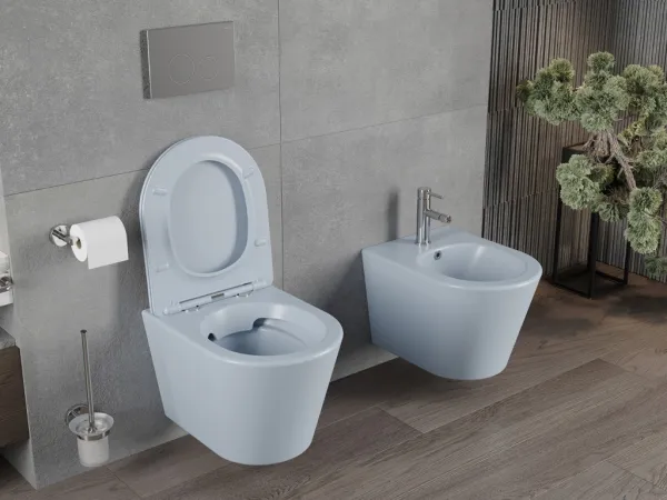 MEXEN - Rico Závesná WC misa Rimless vrátane sedátka s slow, Duroplast, šedomodrá mat 30724069