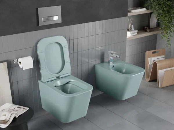 MEXEN - Teo Závesná WC misa Rimless vrátane sedátka s slow, Duroplast, svetlo zelená mat 30854048