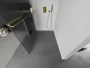 MEXEN/S - Kioto+ Sprchová zástena WALK-IN s poličkou a držiakom uterákov 90 x 200, prúžky 8 mm, zlatá 800-090-121-50-09
