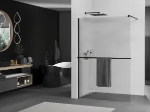 MEXEN/S - Kioto+ Sprchová zástena WALK-IN s poličkou a držiakom uterákov 80 x 200, prúžky 8 mm, čierna 800-080-121-70-09