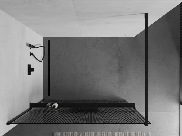 MEXEN/S - Kioto+ Sprchová zástena WALK-IN s poličkou a držiakom uterákov 80 x 200, prúžky 8 mm, čierna 800-080-121-70-09