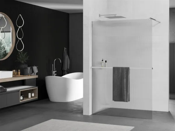 MEXEN/S - Kioto+ Sprchová zástena WALK-IN s poličkou a držiakom uterákov 70 x 200, prúžky 8 mm, chróm 800-070-121-01-09