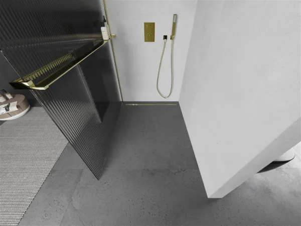 MEXEN/S - Kioto+ Sprchová zástena WALK-IN s poličkou a držiakom uterákov 110 x 200, prúžky 8 mm, zlatá 800-110-121-50-09