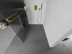 MEXEN/S - Kioto+ Sprchová zástena WALK-IN s poličkou a držiakom uterákov 110 x 200, prúžky 8 mm, zlatá 800-110-121-50-09