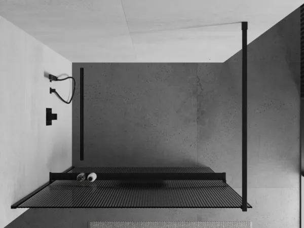 MEXEN/S - Kioto+ Sprchová zástena WALK-IN s poličkou a držiakom uterákov 110 x 200, prúžky 8 mm, čierna 800-110-121-70-09