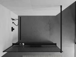 MEXEN/S - Kioto+ Sprchová zástena WALK-IN s poličkou a držiakom uterákov 110 x 200, prúžky 8 mm, čierna 800-110-121-70-09