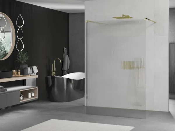 MEXEN/S - Kioto Sprchová zástena WALK-IN voľne stojaca 120 x 200, prúžky 8 mm, zlatá 800-120-002-50-09