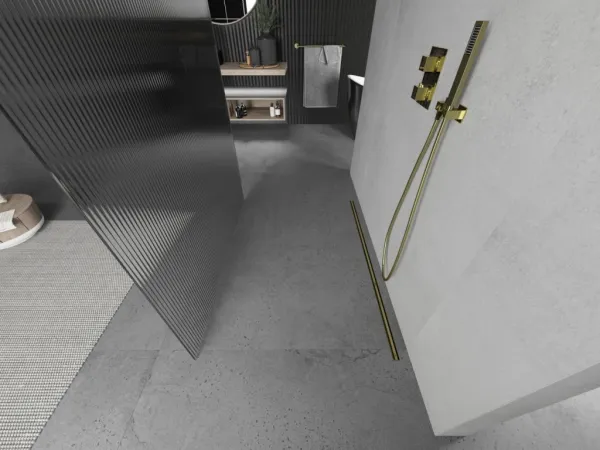 MEXEN/S - Kioto Sprchová zástena WALK-IN voľne stojaca 120 x 200, prúžky 8 mm, zlatá 800-120-002-50-09