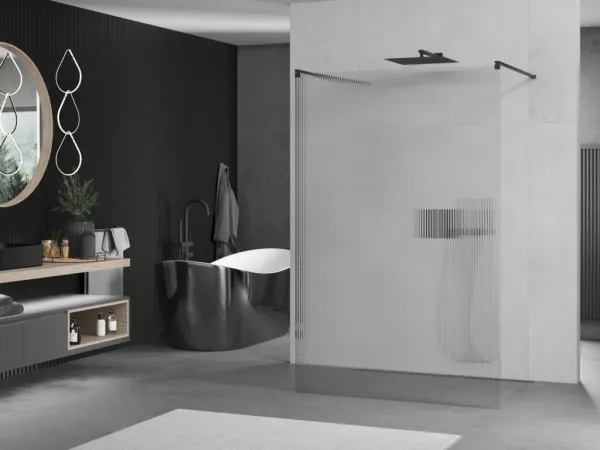 MEXEN/S - Kioto Sprchová zástena WALK-IN voľne stojaca 100 x 200, prúžky 8 mm, čierna 800-100-002-70-09