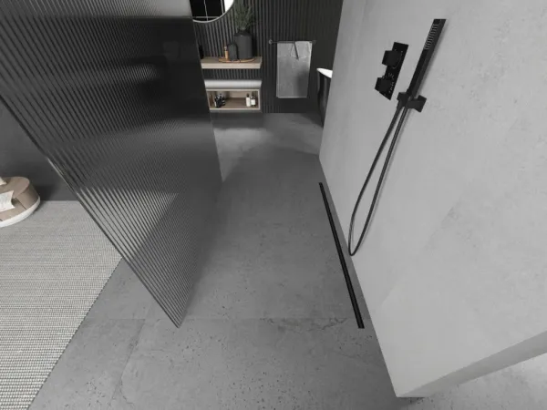 MEXEN/S - Kioto Sprchová zástena WALK-IN voľne stojaca 100 x 200, prúžky 8 mm, čierna 800-100-002-70-09