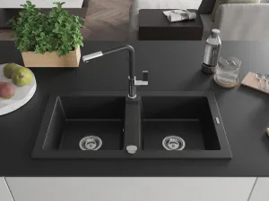 MEXEN/S MEXEN/S - Mario granitový drez 2-bowl vrátane batérie Flora, čierna 6504-77-670401-07