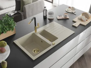 MEXEN/S MEXEN/S - Matias granitový drez 1.5 s odkvapkávačom vrátane batérie Flora, béžová 6502-69-670401-57-G